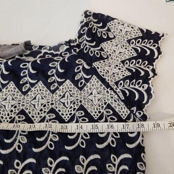 Vanessa Virginia 4 Blue White Eyelet Blouse Wideneck Cap Sleeves Boho Cottage - Picture 4 of 10